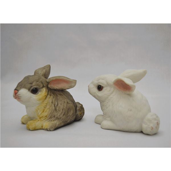 2Pc Boehm Porcelain Rabbits Resting, White and Wild, Sculptures, 1978