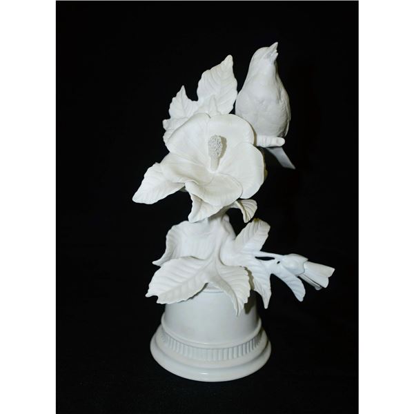 Boehm Porcelain Yellow-Throated Warbler on Crimson -Eye Mallow Bird Sculpture, White Model Prototype