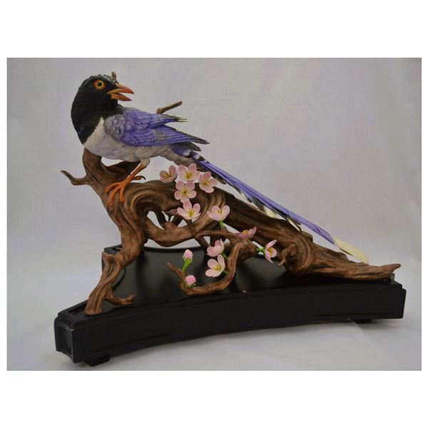 Boehm Porcelain Red-billed Blue Magpie W/Plum Blossoms and Dragon's Claw Tree Bird Sculpture, 1975