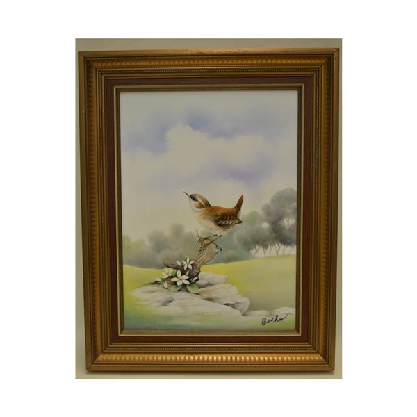 Boehm Porcelain Jenny Wrens W/Campanula Original Painting on Porcelain, Custom Frame, 1980