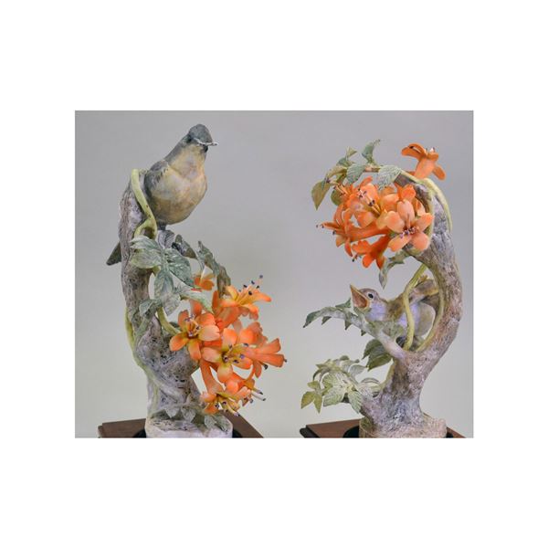 Royal Worcester Porcelain Dorothy Doughty Phoebes on Flame Vines, Pair, 1958