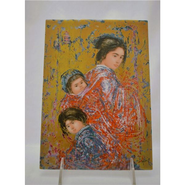 Edna Hibel Original Painting on Porcelain A Japanese Mother & Her Children, Signed.