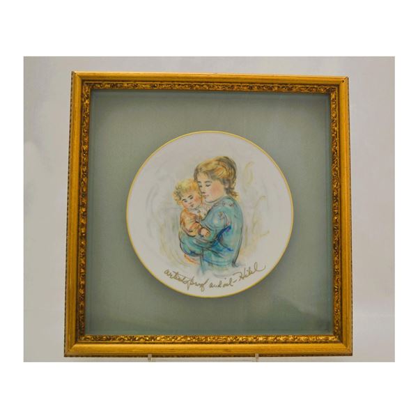 Edna Hibel Original AP and Oil Porcelain Plate, Shadow Boxed, W/Gold Frame.