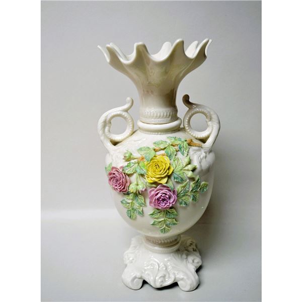 Belleek Porcelain Premier Vase W/Multi-Colored 3D Florals, Museum Quality