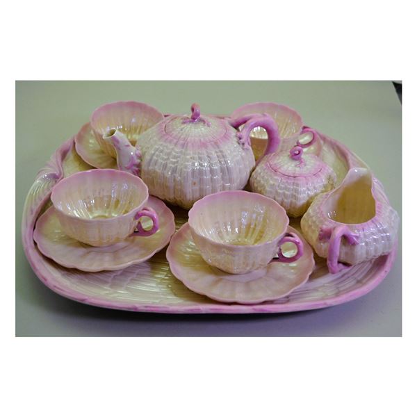 14Pc Belleek Porcelain Nautical Collection W/TeaPot, Covered Sugar & Creamer, 4 Cups & 4 Saucers, La