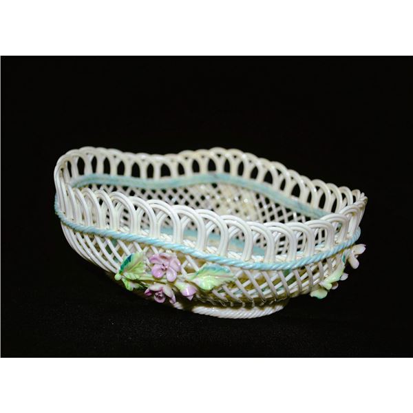 Belleek Porcelain Oval Basket W/Pink Florals and Green Leaves, Museum Quality, Vintage