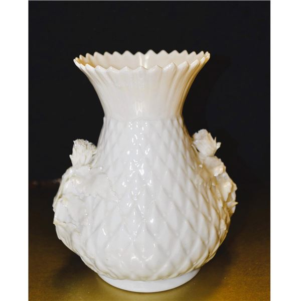 Bellleek Porcelain Ivory Vase W/Florals In Relief, Green Mark, Rare