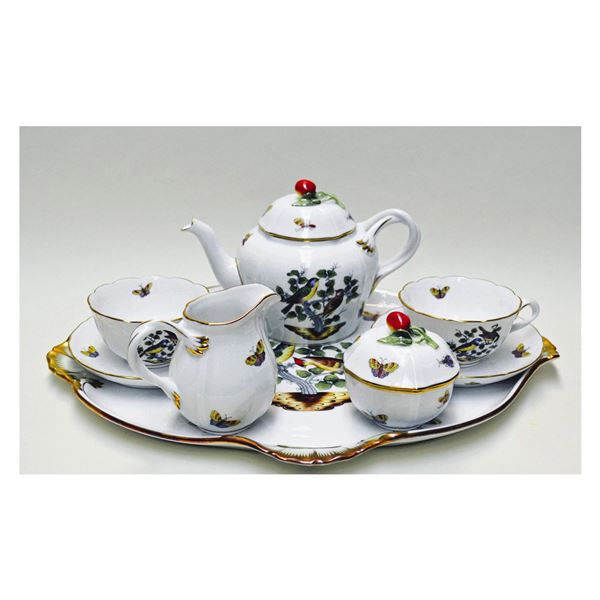14Pc Herend Porcelain Tea Pot, Covered Sugar, Creamer, Cups & Saucers, Large Platter, 24K Gold Accen