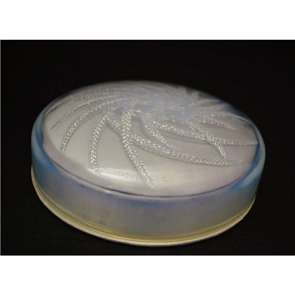Antique R. Lalique Art Deco Crystal Powder Box, Relief Cover W/Satin Box, Block Signed