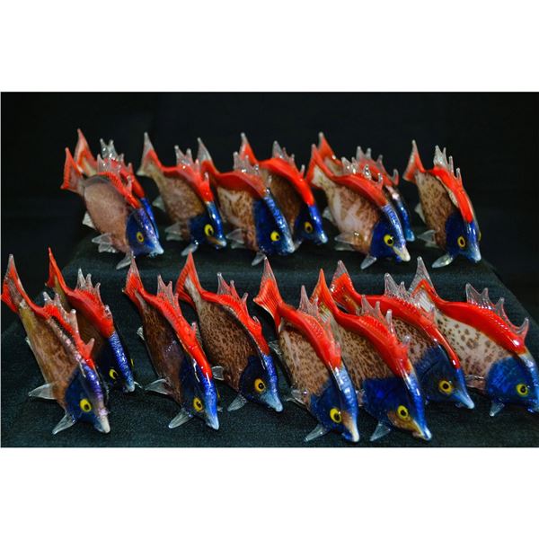 16Pc Murano Art Glass Multi-Color Tropical Red and Blue Fish Collection, 1980