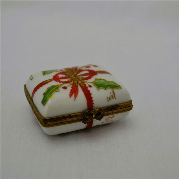 Limoges Porcelain Noel Box W/Red Bow, Signed