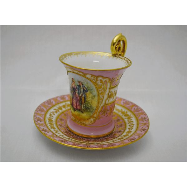 Antique Dresden Cup and Saucer, Pink W/Gold Accents
