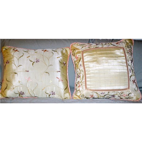 2Pc Custom Embroderied Floral Pillows, Ivory W/Colors