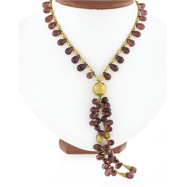 14k Yellow Gold 16.5" Briolette Cut Tear Drop Garnet & Hammered Bead Necklace