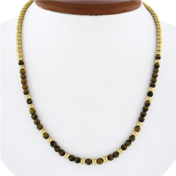 Vintage 14k Gold Round 4mm Tigers Eye & Polished Bead Ball Slide Chain Necklace