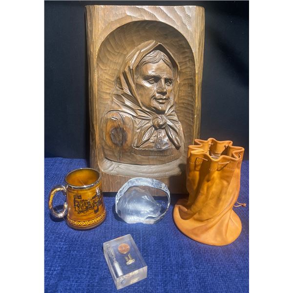 Vintage Wood Carving 3D Woman's Face 2"D 16"T 10"L & More
