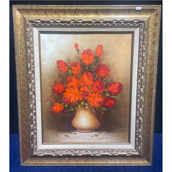 Vintage Oil Painting Still Life Of Flowers Framed  Signed  Right Corner Bottom 25" x 26"tall