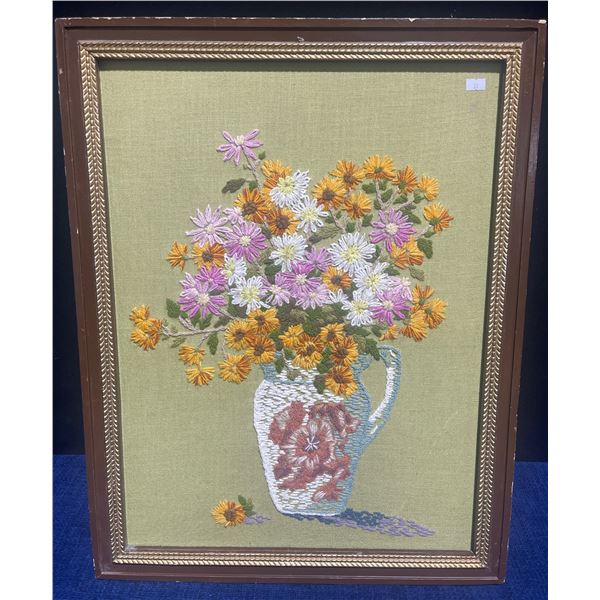 Boho Chic Pop Art Embroidery Needle Point Handcrafted Flower Motif by Crewel  22"x27"tall