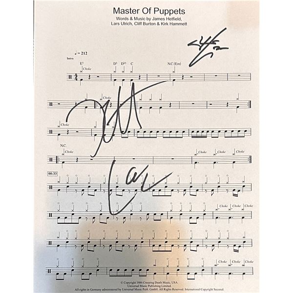 Metallica Autographed Sheet Music JAMES KIRK LARS