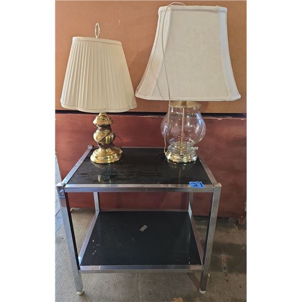 2 Brass Base Table Lamps On 2 Tier Tempered Glass Table 20"T