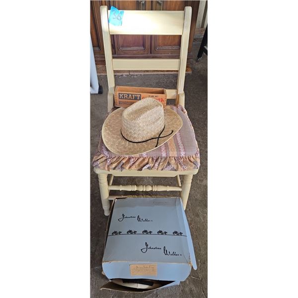 Yellow Wooden Chair, Vintage Johnstone Walkers Hat Box + Seal Skin Hat