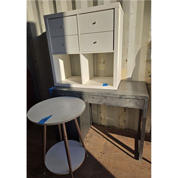 Ikea Furniture Bundle: Desk, Storage Cube Shelf & 2 Tier Round Side Table