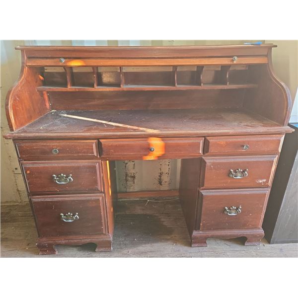 Roll-Top Wooden Office Desk (Needs Refinishing) 45"T 22"W 54"L