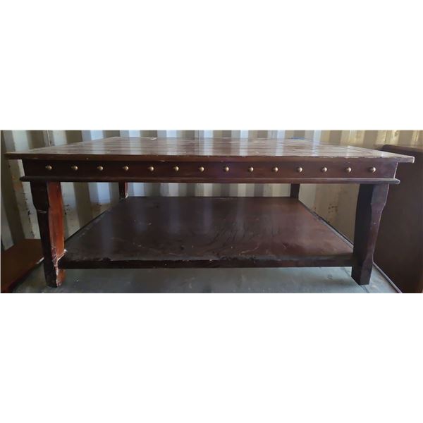 Solid Wood Coffee Table (Needs Refinishing) Brass Studded Side Accents 21"T
