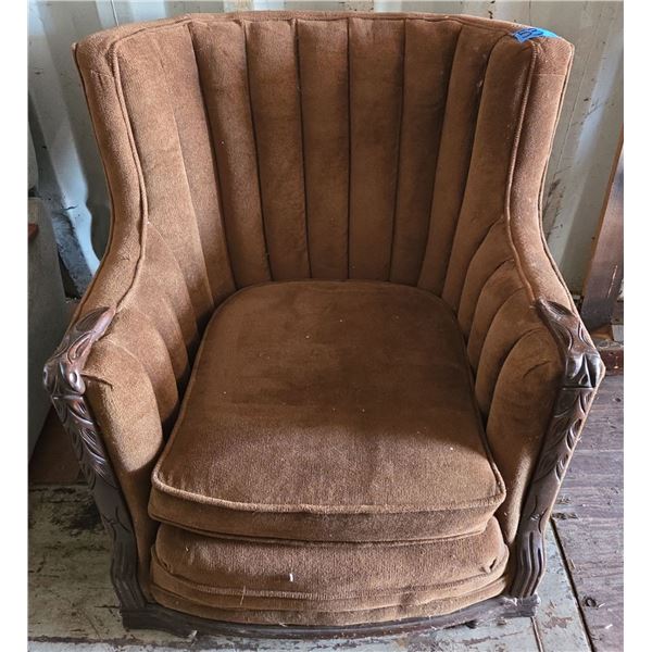 Brown Fabric Wooden Carved Accented Arm Chair (Needs Thorough Cleaning)