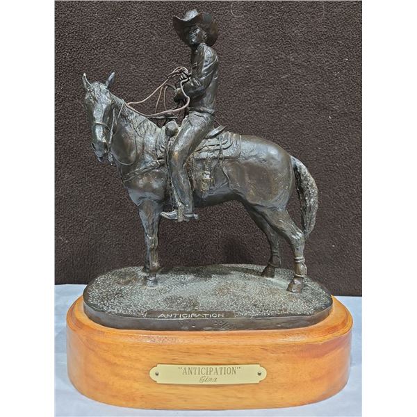"Anticipation" Rider on Horse By Gina 11"T Solid Metal Figurine on Wooden Base
