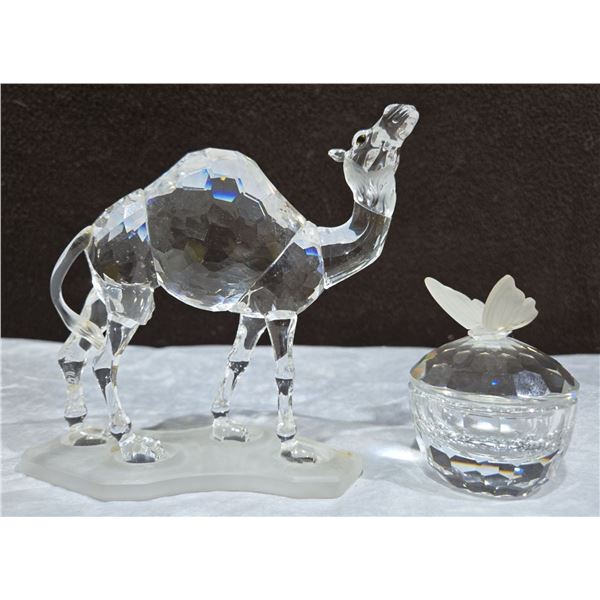 Swarovski Crystal Camel 5"T (Leg Broken) & Swarovski Butterfly Lidded Ring Dish