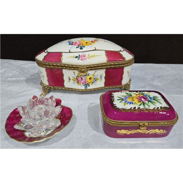 Limoges Made In France Birks Hand Painted Trinket Holders + Swarovski Flower