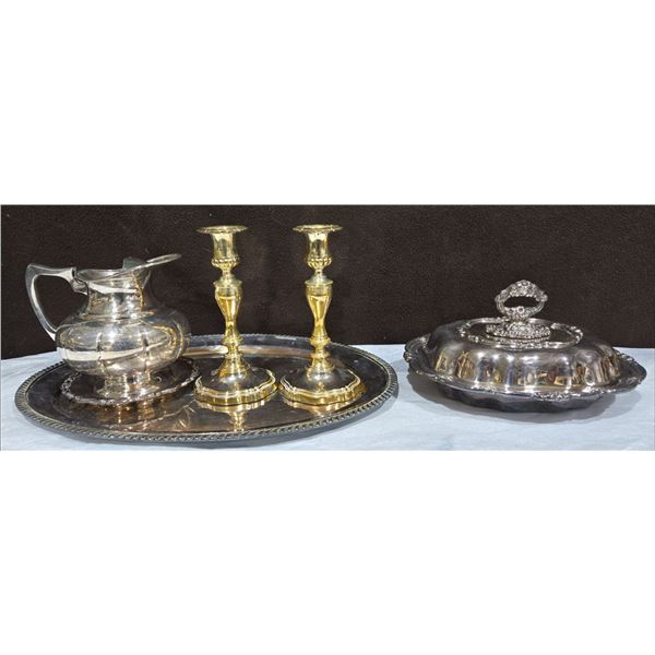 Silver Plated Serving Tray, Lidded Serving Dish, Jug+ Plate & 2 Candle Holders