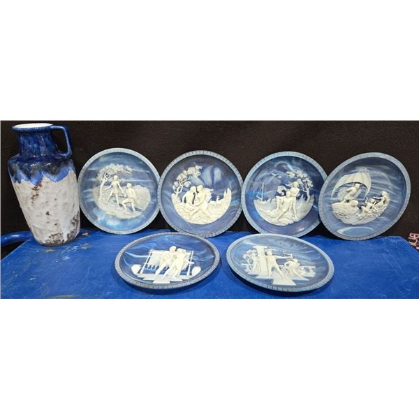 6 Alan Brunnettin Carved Solid Lapis-blue Incolay Cameo Stones + German Vase