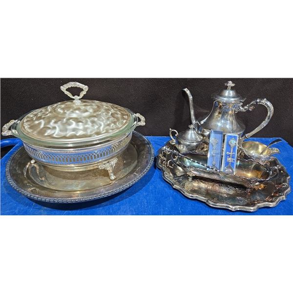 Silver Plated Chafing Dish, Tea Set + Trays