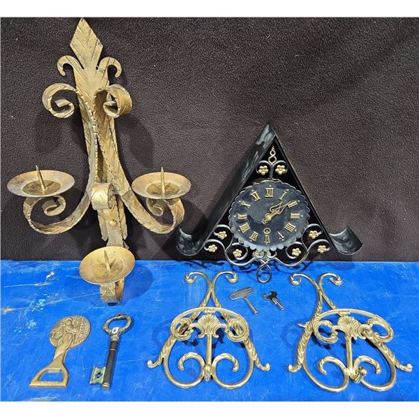 Brass Decor Lot Including Wall Clock, Bottle Opener & More