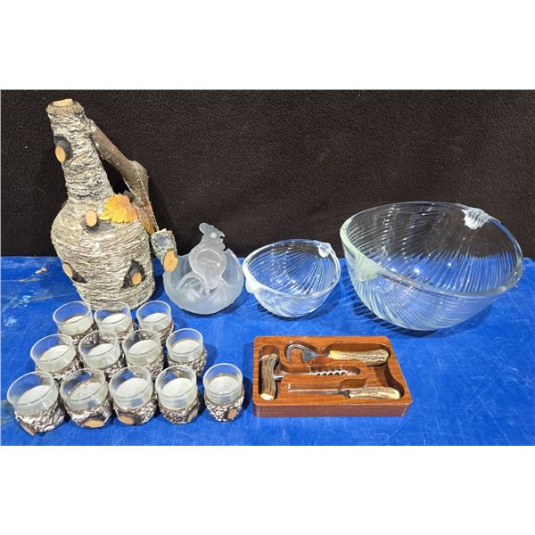 Wooden Cased Decanter + 12 Matching Shot Glasses, Parrot Cigar Cutter & More