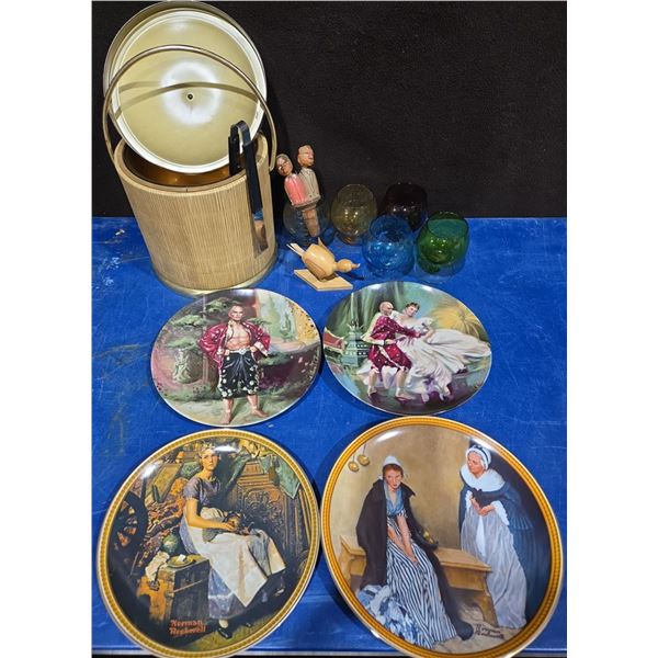 Vintage Ice Bucket, Norman Rockwell Plates, Wooden Toothpick Holder & More