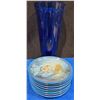 Image 11 : 8 Religious Themed Collector Plates + 18"T Blue Glass Vase