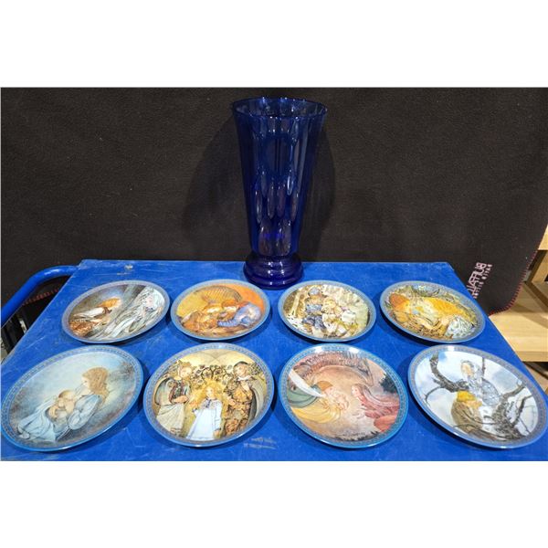 8 Religious Themed Collector Plates + 18"T Blue Glass Vase