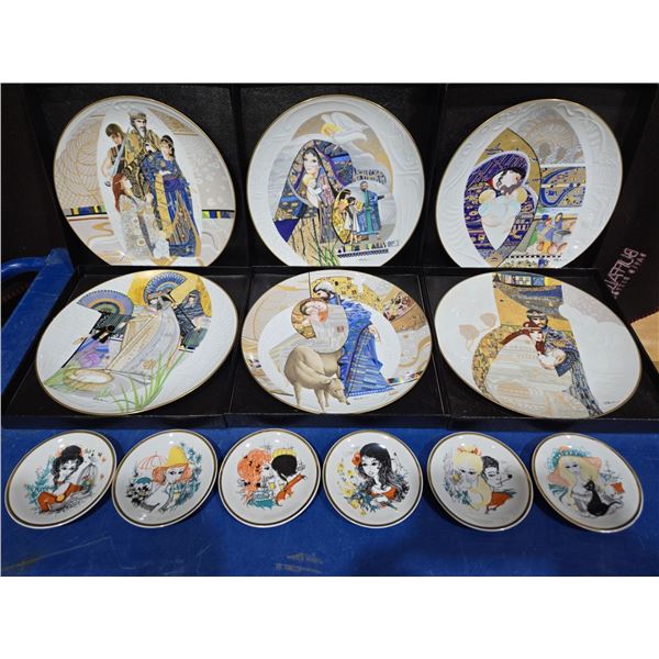 12 Oriental Gold Trim Collector Decor Plates 6 Large 6 Small