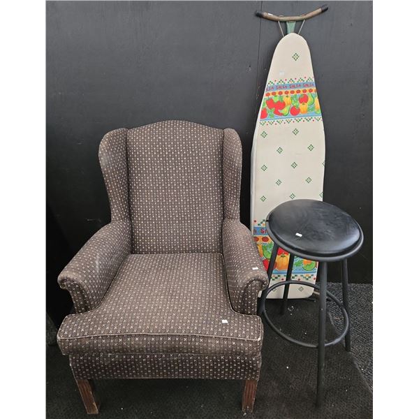 Vintage Sitting Chair, Slanted Angled Stool & Ironing Board