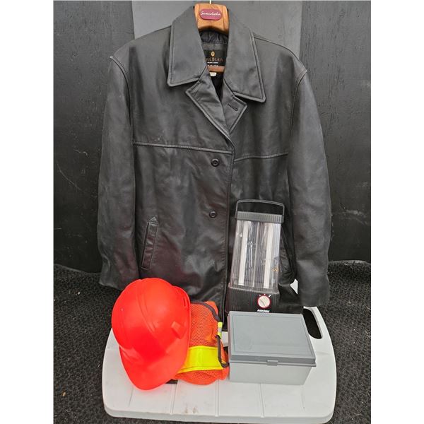 Men's Bill Blass Black Label 44 Large Leather Coat, Safety Hat/Vest, Lamp, & More