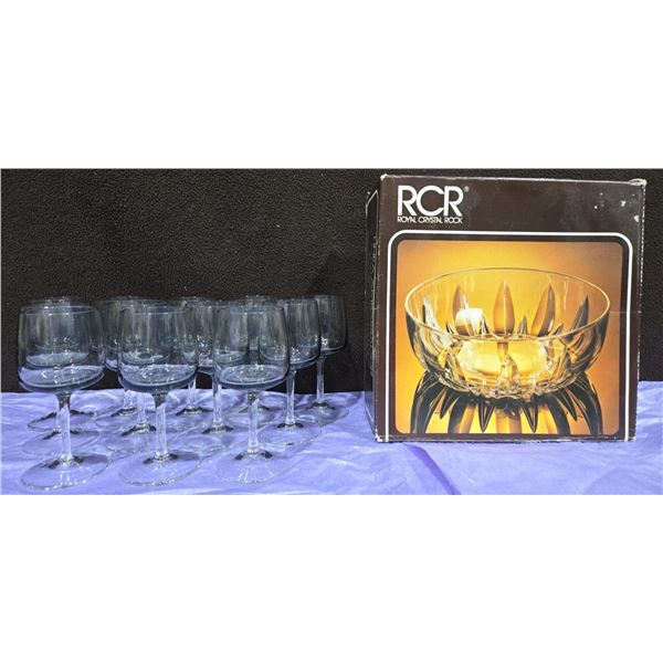 Royal Crystal Rock Bowl In Original Box & 12 Smokey Grey Crystal Drink-ware