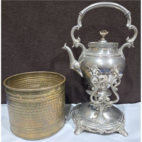 Vintage Elevated Tea Kettle on Stand + Small Brass Bucket 6"T