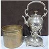 Image 1 : Vintage Elevated Tea Kettle on Stand + Small Brass Bucket 6"T