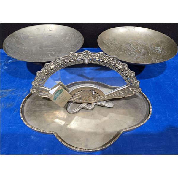 Oriental Fan Themed Cosmetic Mirror, Brass Bowls on Wooden Carved Stands