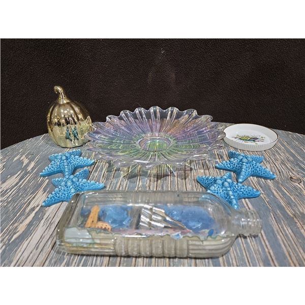 Irridescent Plate + 4 Vintage Avon Starfish, Ship in a Bottle & More