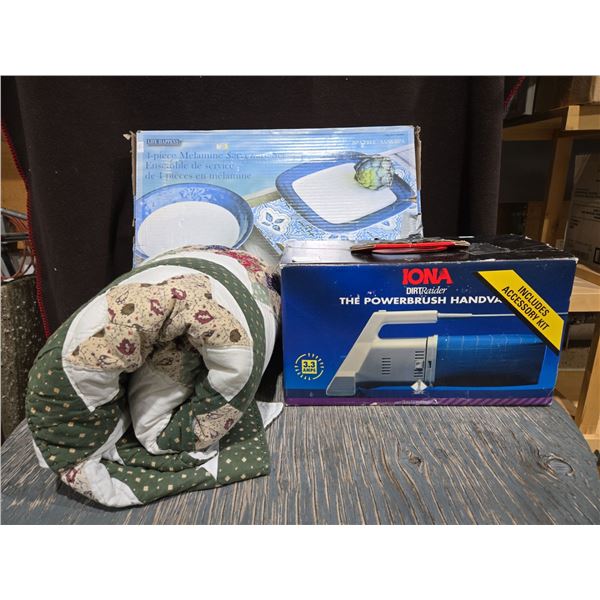 Household Essentials Bundle: Handmade Queen Size Quilt, Servingware & Handvac
