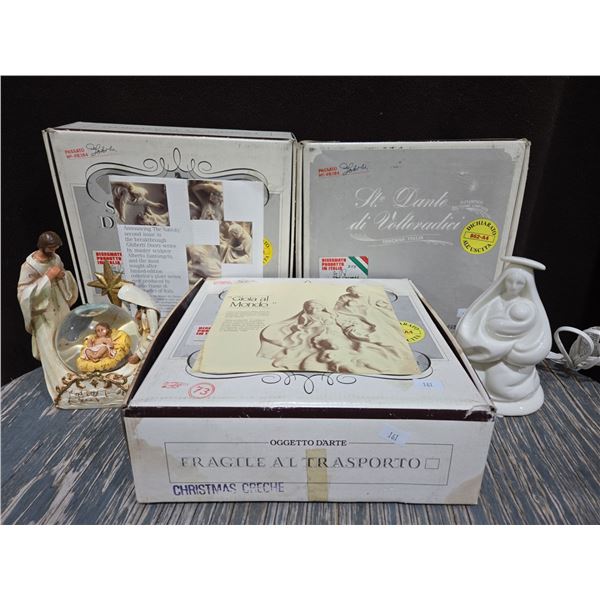 Religious Themed Decor Lot: 3 Carved Wall Decor Plates, Lamp & Snow Globe